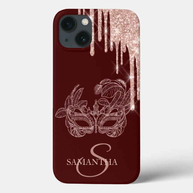 Coques Case-Mate iPhone Masque Chic Rose Gold Paillettes Gouttes Bourgogne (Verso)