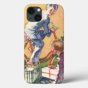 Etui iPhone 13 Matin de Noël vintage, enfants avec des cadeaux