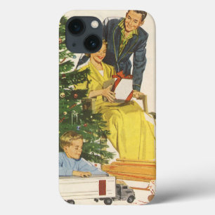 Etui iPhone 13 Matin de Noël vintage, famille ouvrant des cadeaux