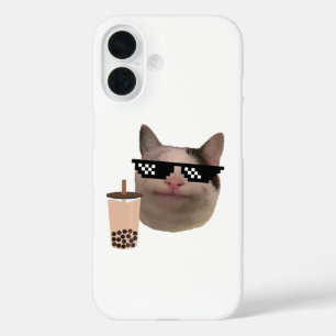 Coque Pour iPhone 16 Mème de chat poli avec lunettes de bagage et boiss