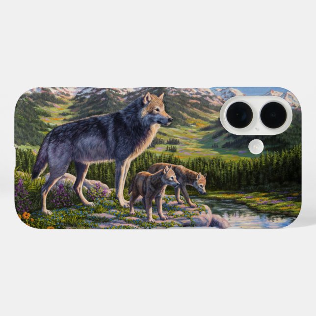Coques Case-Mate iPhone Mère Wolf & Pups Mountain River Valley (Verso (horizontal))