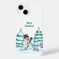 Merry Christmas! Snowman with Cat and Puppy