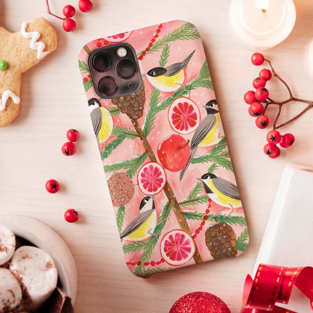 Coques Case-Mate iPhone Mésanges rouges et jaunes mignonnes arbre de Noël  (Créateur téléchargé)