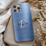 Coque Case-Mate iPhone Métal brossé Bleu Noir Blanc Script Monogramme<br><div class="desc">Cet élégant étui de téléphone personnalisé présente un monogramme et un prénom en écriture moderne noir et blanc sur un arrière - plan en métal brossé bleu tendance.</div>