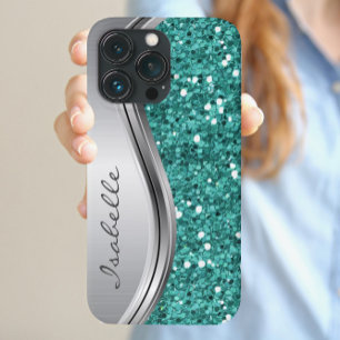 Coque Case-Mate iPhone Métal Personnalisé Teal Silver Sparkle Glam Bling