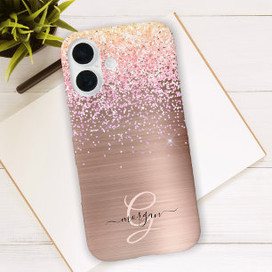 Coque Pour iPhone 16 Métal Rose Gold, Paillettes, Nom en Écriture et Mo