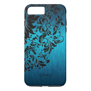 Coque iPhone 7 Plus Métallique Turquoise Brossé Aluminium noir dentell