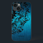 Case-Mate iPhone Case Métallique Turquoise Brossé Aluminium noir dentell<br><div class="desc">Elégante couleur bleu-vert turquoise métallique arrière - plan en aluminium brossé look dentelle florale noire. monogramme personnalisable. Plusieurs versions sur ce design avec une position de dentelle différente.</div>