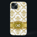 Coques Pour iPhone Métallurgique Or Et Blanc Vintage Damas Florales<br><div class="desc">Elégant or métallique et blanc orné de damas floral motif avec personnalisation et optionnel monogramme/nom.</div>