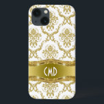 Coques Pour iPhone Métallurgique Or Et Blanc Vintage Damas Florales<br><div class="desc">Elégant or métallique et blanc orné de damas floral motif avec personnalisation et optionnel monogramme/nom.</div>