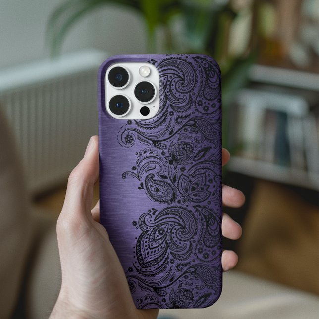 Coques Case-Mate iPhone Métallurgique Violet Avec Dentelle De Paisley Noir (Créateur téléchargé)