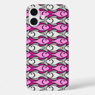 Coques iPhone 16 Plus Mi-siècle Poisson moderne, rose et gris
