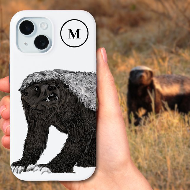 Coques Case-Mate iPhone Miel badger monogramme initial (Honey badger black and white personalized monogram initial )