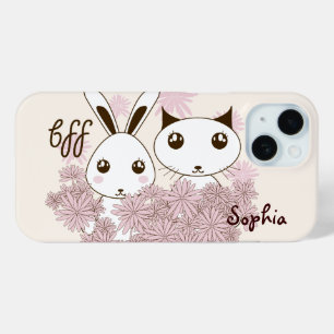 Coque Pour iPhone 15 Mignon Chat et Lapin Animaux Meilleurs Amis Enfant