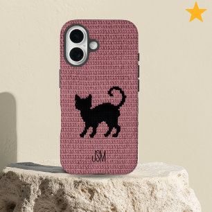 Coque Pour iPhone 16 Mignon Chat Noir au Crochet avec Initiales Personn