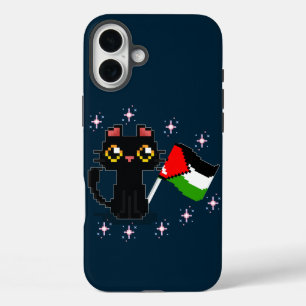 Coque Pour iPhone 16 Plus mignon chat noir tient drapeau de la Palestine