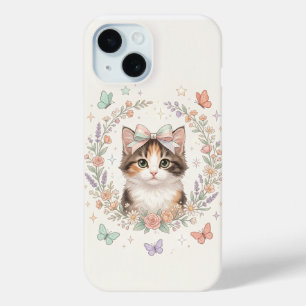Coque Case-Mate iPhone Mignon Chaton avec Nœud Ruban et Fleurs de Printem
