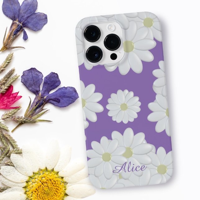 Coques Case-Mate iPhone Mignonnes marguerites Nom Purple Blanc Motif margu (A pretty purple and white daisy pattern phone case with space for your name)