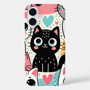 Coque Pour iPhone 16 Mignons visages de chat Kawaii et cœurs fantaisist