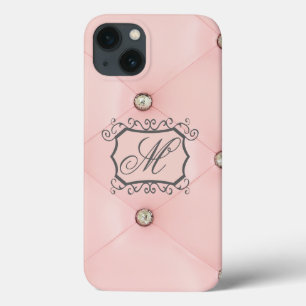 Etui iPhone 13 Mini boîtier en cuir poli rose boule de diamant