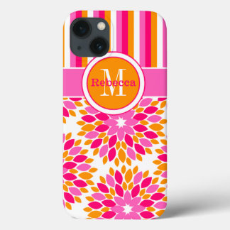 iPhone 13 Coque Mini boîtier iPad | Floral, Rayures | Rose, orange