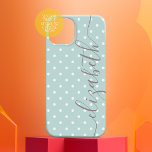 Coque Case-Mate iPhone Mini Pois avec script gris nom pastel turquoise<br><div class="desc">Un design féminin et girly polkadot avec un nom dans une police calligraphique manuscrite. Le nom est une grande signature sur le côté de la couverture avec un petit motif de pois doux dans l'arrière - plan. Vous pouvez modifier la couleur en cliquant sur la zone de personnaliser et en...</div>