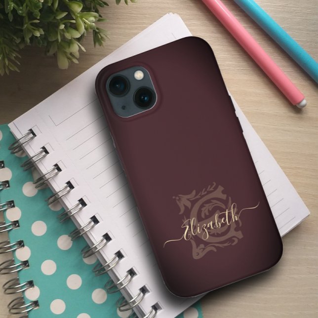Coques Case-Mate iPhone Mini Vintage Élégant Plum E Nom Monogramme (Créateur téléchargé)
