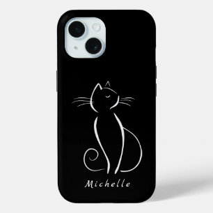 Coque Case-Mate iPhone Minimaliste Chat Blanc Sur Noir Ajouter Nom