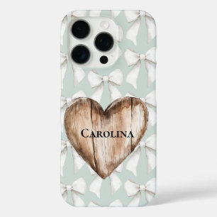 Coque iPhone 16 Pro Mint Green Boho Bows Faux Wood Heart