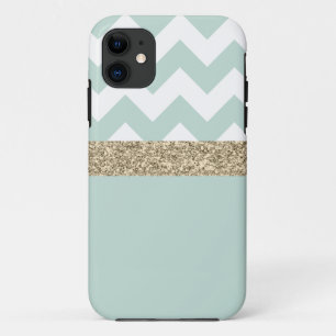 Coque iPhone 11 Mint Green et Parties scintillant Gold Chevron iPh