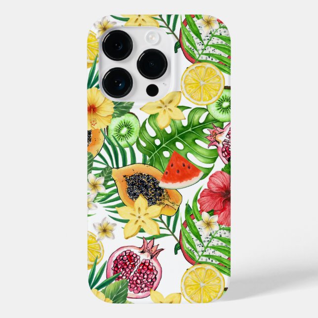 Coques Case-Mate iPhone Mix-fruit tropical, fleurs et feuilles sur blanc (Verso)