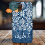 Coque Pour iPhone 16 Modèle Damas vintage - Grungy Sapphire Blue<br><div class="desc">Un motif vintage avec tableau de bord et dentelle. Regardez attentivement les fleurs et les feuilles. Un design tendance avec des couleurs de bijoux et l'élégance. Les éléments sont plus faciles à customiser lorsque vous remplacez tout le texte et les photos en premier. Si votre art doit encore être ajusté,...</div>