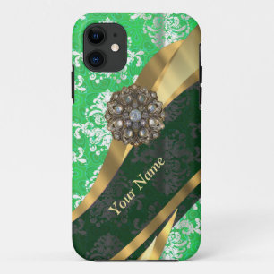 Coque iPhone 11 Modèle damassé vert et blanc personnalisé