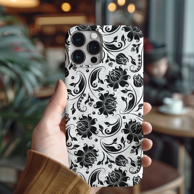 Coques Case-Mate iPhone Modèle de Damas Florales Élégant Noir Et Blanc (Créateur téléchargé)