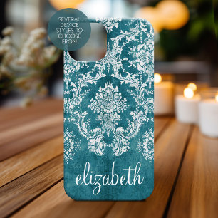 Coques Pour iPhone Modèle de Damas gris turquoise Texte personnalis