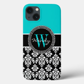 Coque Case-Mate iPhone Modèle de Damas noir Aqua initial personnalisé