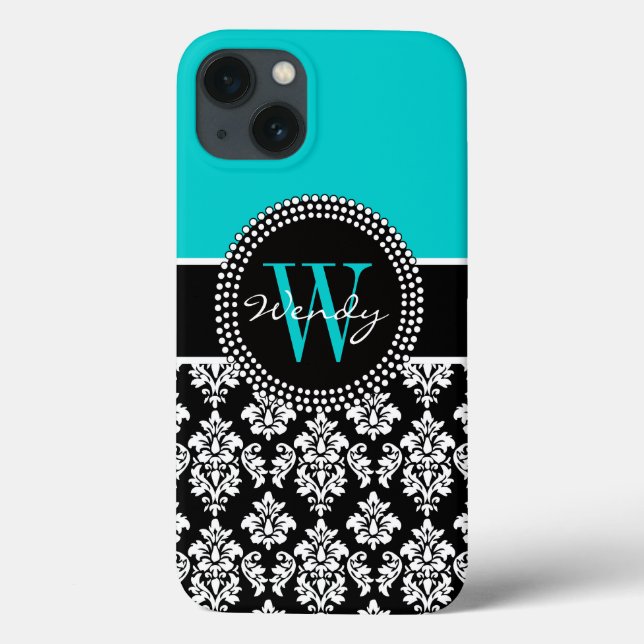 Coques Case-Mate iPhone Modèle de Damas noir Aqua initial personnalisé (Verso)