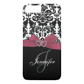 Coque iPhone 8 Plus/7 Plus Modèle de Damas orné noir rose personnalisé