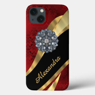 iPhone 13 Case Modèle de damas rouge très élégant