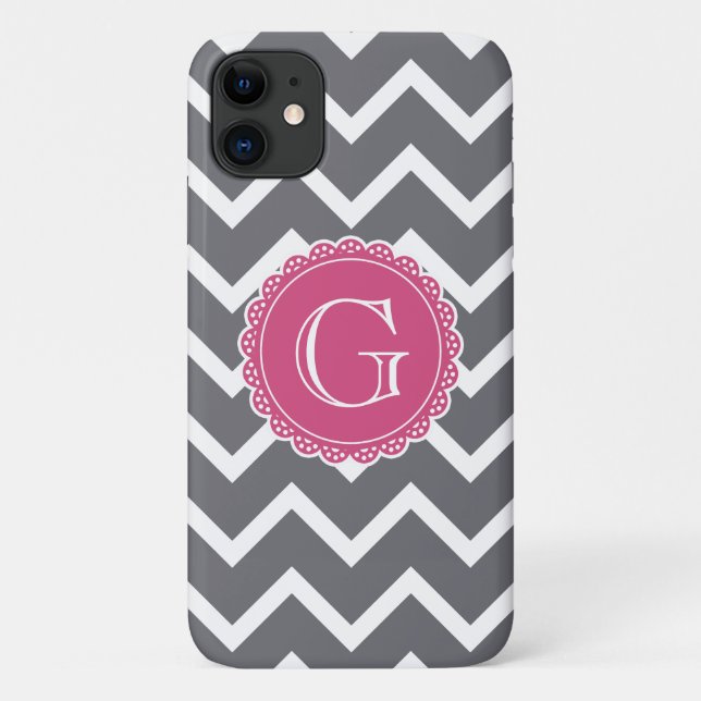 Coques Case-Mate iPhone Modèle de monogramme rose gris Chevron Floral (Dos)