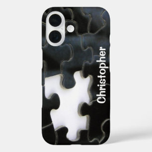 Coques iPhone 16 Modèle de pièce de puzzle manquante noir blanc