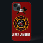 Coque Case-Mate iPhone Modèle du nom de l'insigne du service d'incendie<br><div class="desc">Logo du service d'incendie avec numéros personnalisables. Idéal pour les pompiers et les premiers intervenants. Cliquez sur customiser pour changer la couleur de l'arrière - plan du rouge du moteur d'incendie à autre chose. Personnalisez avec votre propre nom.</div>