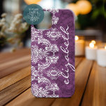 Coque Case-Mate iPhone Modèle et nom de Damas Vintage de prune<br><div class="desc">Une motif vintage au design tendance avec des couleurs bijoux et élégance. Les éléments sont plus faciles à customiser lorsque vous remplacez tout le texte et les photos en premier. Si votre art doit encore être ajusté, cliquez sur le bouton Personnaliser. Cela vous mènera à une zone de design où...</div>