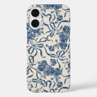 Coque Pour iPhone 16 Modèle floral bleu de la marine Vintage moderne