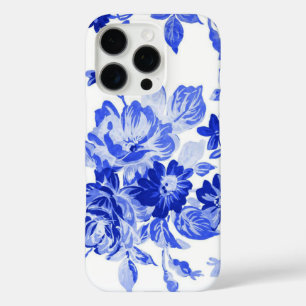 Coque iPhone 16 Pro Modèle Floral bleu vintage et blanc