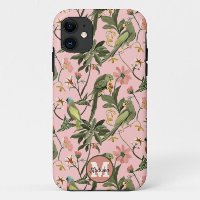Coques Case-Mate iPhone Modèle floral de perroquet rose monogramme personn (Dos)