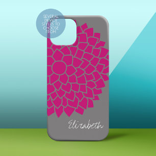 Coque Pour iPhone 14 Modèle floral moderne - gris et rose