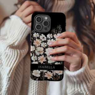 Coque iPhone 16 Pro Max Modèle Floral Monogramme personnalisé Noir