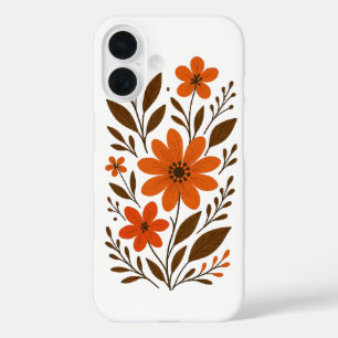 Coque Pour iPhone 16 Modèle Floral Orange Rétro