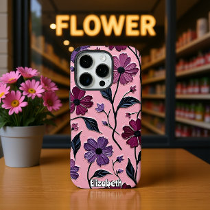 Coque iPhone 16 Pro Modèle floral texturé avec fleurs violettes